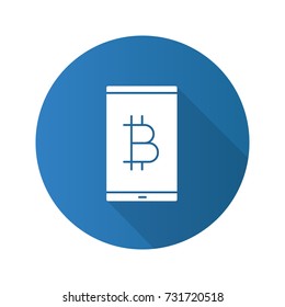 Bitcoin digital wallet flat design long shadow glyph icon. Cryptocurrency. Smartphone with bitcoin sign. Vector silhouette illustration
