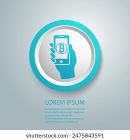 Bitcoin digital wallet glyph blue icon. Cryptocurrency. Silhouette symbol. Hand holding smartphone with bitcoin sign. Negative space. Vector
