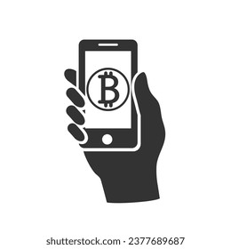 Bitcoin digital wallet glyph icon. Cryptocurrency. Silhouette symbol. Hand holding smartphone with bitcoin sign. Negative space. Vector