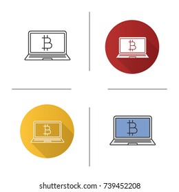 Bitcoin digital wallet icon. Flat design, linear and color styles. Cryptocurrency. Laptop with bitcoin sign. Isolated vector illustrations