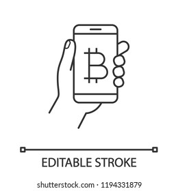 Bitcoin digital wallet linear icon. E-payment. Cryptocurrency. Hand holding smartphone with bitcoin. Digital money transaction app. Contour symbol. Vector isolated outline drawing. Editable stroke