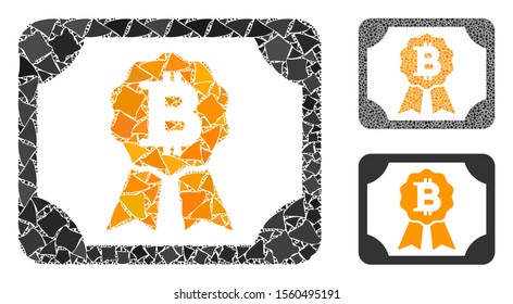 Bitcoin diploma mosaic of raggy pieces in variable sizes and color tinges, based on Bitcoin diploma icon. Vector ragged pieces are combined into mosaic.