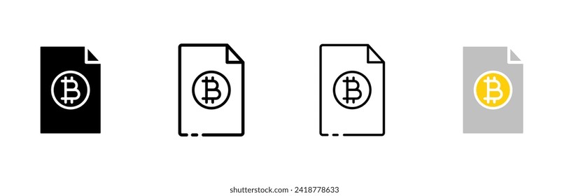 Bitcoin in document icon set. Silhouette, linear, and flat style. Vector icons.