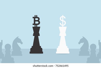 bitcoin and dollar chess in flat icon design on blue color background