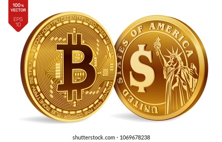 Bitcoin. Dollar coin. 3D isometric Physical coins. Digital currency. Cryptocurrency. Golden coins with Bitcoin and Dollar symbol isolated on white background. Vector illustration.