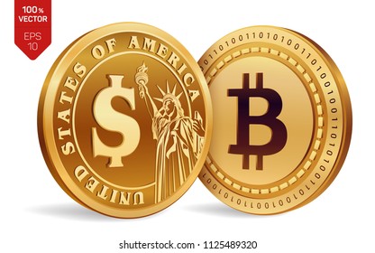 Bitcoin. Dollar coin. 3D isometric Physical coins. Digital currency. Cryptocurrency. Golden coins with Bitcoin and Dollar symbol isolated on white background. Vector illustration.