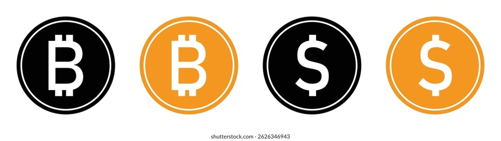 Bitcoin and dollar coin icons set in black and golden color. Cryptocurrency and finance currency symbols in circle outline and solid fill styles. Isolated vector illustration.