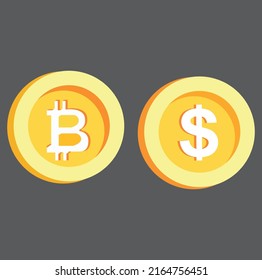 bitcoin and dollar coin vector. on gray background