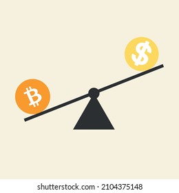 El concepto de bitcoin y dólar en escalas. El bitcoin como criptomonedas volátil e inestable se caerá y se caerá. Ilustración vectorial.