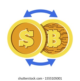 Bitcoin and dollar. Cryptocurrency exchange rate. Gold coins with bit symbol and us currency in cash. Mining, transaction of internet money, investment online. Vector illustration on white background.