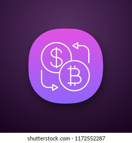 Bitcoin and dollar currency exchange app icon. UI/UX user interface. Cryptocurrency. Web or mobile application. Refund. Vector isolated illustration