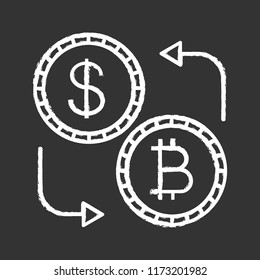 Bitcoin and dollar currency exchange chalk icon. Cryptocurrency. Refund. Isolated vector chalkboard illustration