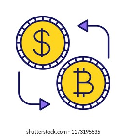 Bitcoin and dollar currency exchange color icon. Cryptocurrency. Refund. Isolated vector illustration