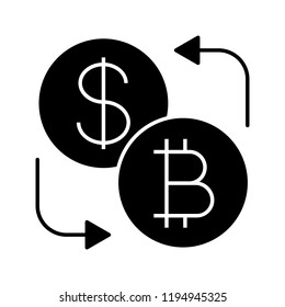 Bitcoin and dollar currency exchange glyph icon. Cryptocurrency. Silhouette symbol. Negative space. Refund. Vector isolated illustration