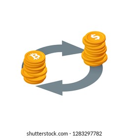 Bitcoin to dollar currency exchange, money conversion vector icon. Isolated Isometric stack of coins with arrows on white background. Financial transactions