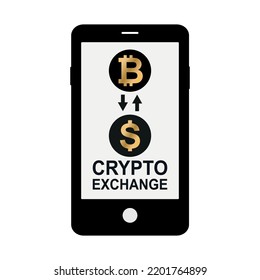 Bitcoin to dollar currency exchange in phone. Bitcoin exchange with bitcoin coin symbol and sign of other currencies. Cryptocurrency technology. Vector illustration. Vector illustration