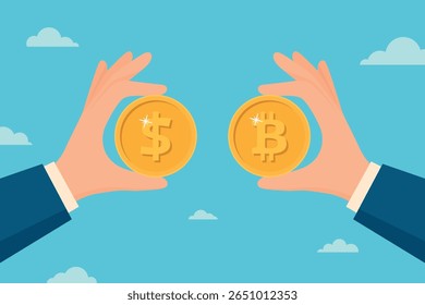 Bitcoin e Dólar, Ilustração de Vetor. Mãos segurando Bitcoin e moeda de dólar. Bitcoin Cryptocurrency Exchange, Bitcoin Investment, Dinheiro Digital, Conceito Financeiro, Crypto Trading