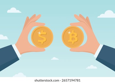 Bitcoin y Dólar Moneda, Ilustración vectorial. Manos sosteniendo Bitcoin Coin y Dollar Coin. Bitcoin Cryptocurrency Exchange, Inversión en Bitcoin, Dinero Digital, Concepto Financiero, Crypto Trading