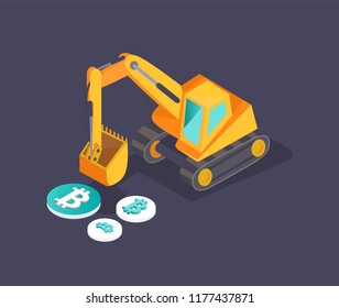 Bitcoin dollar and euro isolated icons isometric 3d set. Crane machinery mining cryptocurrency and money. Commerce and investment business vector