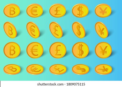 The bitcoin dollar Euro pound and yen with the shadows .A set of coins of American European cryptocurrencies of British and Japanese coins in different angles isolated on a blue-green background.
