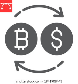 Bitcoin to dollar exchange glyph icon, btc and usd, currency exchange vector icon, vector graphics, editable stroke solid sign, eps 10