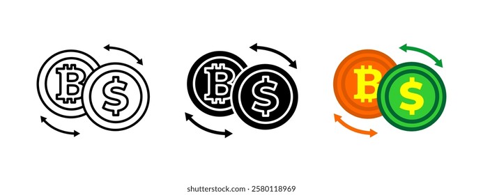 Icono de cambio de dólar de Bitcoin. Ilustración vectorial de comercio de criptomonedas. Signo de transferencia de dinero digital. Símbolo de transacción de dinero. Diseño de pago digital bancario. Gráfico de comercio económico y empresarial.