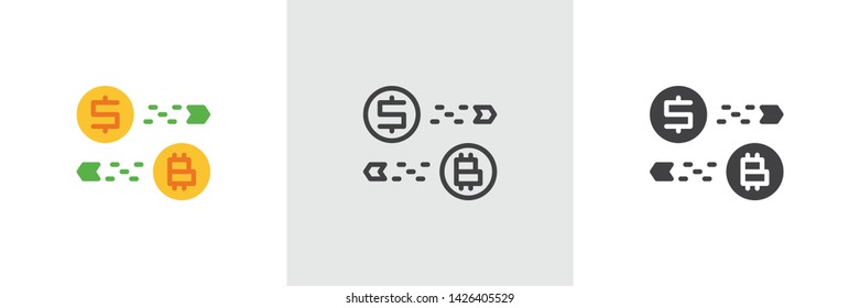 Bitcoin and dollar exchange icon. Line, glyph and filled outline colorful version, Currency converter outline and filled vector sign. Symbol, logo illustration. Different style icons set. 