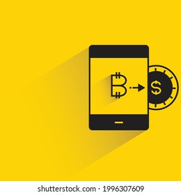 bitcoin and dollar exchange icon on yellow background