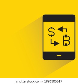 bitcoin and dollar exchange on smartphone icon  on yellow background