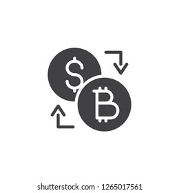 Bitcoin dollar exchange vector icon. filled flat sign for mobile concept and web design. Dollar and bitcoin coins and arrows simple solid icon. Symbol, logo illustration. Pixel perfect vector graphics