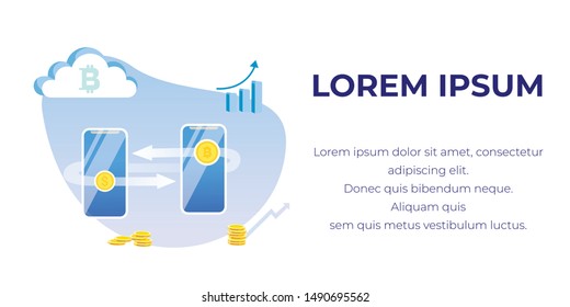 Bitcoin to Dollar Exchange via Mobile App. Advertising Flat Banner with Place for Text. Two Cartoon Smartphones. Cryptocurrency Technology. Data Currency Rate Finance Analysis. Vector Illustration