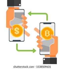 Bitcoin to Dollar Exchange via mobile phone apps vector illustration and design. Crypto currency, business payment and finance element. Can be used for web, mobile, and print. Suitable for infographic