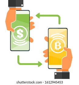 Bitcoin to Dollar Exchange via mobile phone apps vector illustration and design. Crypto currency, business payment and finance element. Can be used for web, mobile, and print. Suitable for infographic