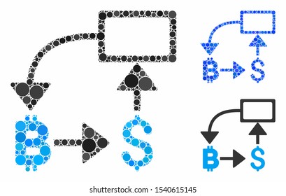Bitcoin dollar flow chart composition of round dots in variable sizes and shades, based on Bitcoin dollar flow chart icon. Vector round dots are grouped into blue mosaic.