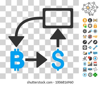 Bitcoin Dollar Flow Chart icon with bonus bitcoin mining and blockchain graphic icons. Vector illustration style is flat iconic symbols. Designed for crypto-currency ui toolbars.