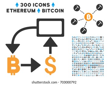 Bitcoin Dollar Flow Chart pictograph with 300 blockchain, cryptocurrency, ethereum, smart contract pictograms. Vector icon set style is flat iconic symbols.