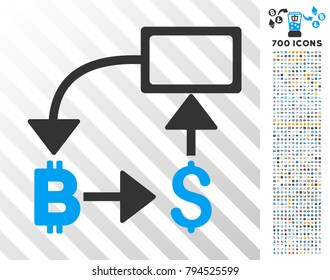 Bitcoin Dollar Flow Chart pictograph with 7 hundred bonus bitcoin mining and blockchain graphic icons. Vector illustration style is flat iconic symbols design for bitcoin software.