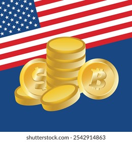 Bitcoin and dollar gold coins and american flag vector illustration. Pile of golden bitcoins on american flag background vector illustration. Template for background, banner, card