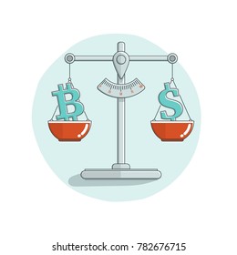 Bitcoin and dollar on scales. Flat icon design of dollar and bitcoin balance. Virtual currency. Crypto currency. New virtual money. EPS 10 vector illustration