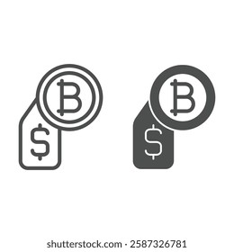 Bitcoin and dollar price tag line and solid icon, finance concept. Vector graphics. Dollar badge with coin sign on white background, outline style icon for mobile or web design