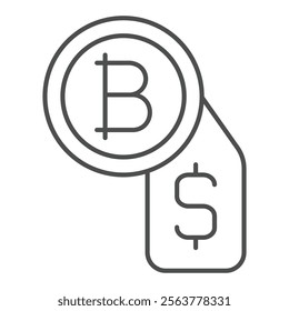 Bitcoin and dollar price tag thin line icon, finance concept. Vector graphics. Dollar badge with coin sign on white background, outline style icon for mobile or web design