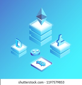 Bitcoin and dollar stable currency isolated isometric 3d icons vector. Litecoin, ethereum ripple and dogecoin cryptocurrency financial coins on platform