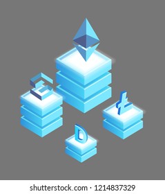 Bitcoin and dollar stable currency isolated isometric 3d icons vector. Litecoin, ethereum ripple and dogecoin cryptocurrency financial coins on platform