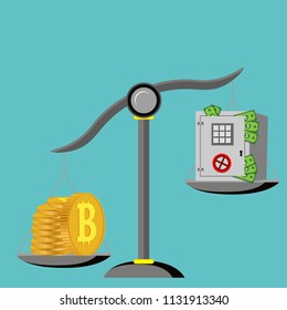 Bitcoin in dollars, safe with money on the balance sheet, growth creep vector illustration