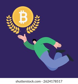Bitcoin dominance, cryptocurrency rate growth, blockchain. Man holding bitcoin coin, laurel wreath, wealth, savings in electronic money