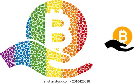 Bitcoin donation hand composition icon of round items in variable sizes and spectrum colorful color tones. A dotted LGBT-colored Bitcoin donation hand for lesbians, gays, bisexuals,