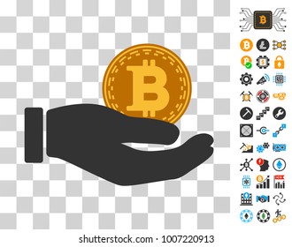 Bitcoin Donation Hand pictograph with bonus bitcoin mining and blockchain graphic icons. Vector illustration style is flat iconic symbols. Designed for crypto currency ui toolbars.