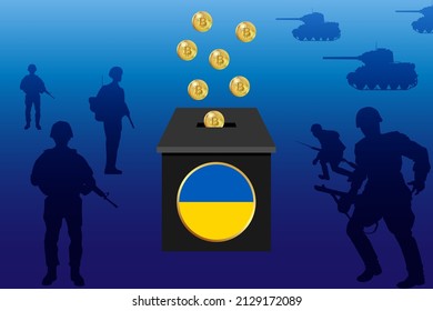 Bitcoin donation to Ukrainian army in Russia- Ukraine war. Soldier silhouettes and bitcoin safe. Russia- Ukraine war concept illustration.