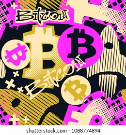 Bitcoin doodle style seamless funky pattern, digital currency symbol. Hype trendy cartoon hand drawn motifs, geometric elements painted with colorful ink brush strokes