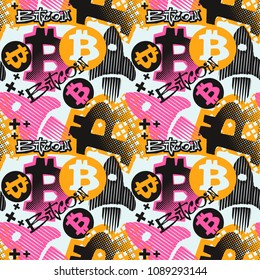 Bitcoin doodle style seamless funky pattern, digital currency symbol. Hype trendy cartoon hand drawn motifs, geometric elements painted with colorful ink brush strokes